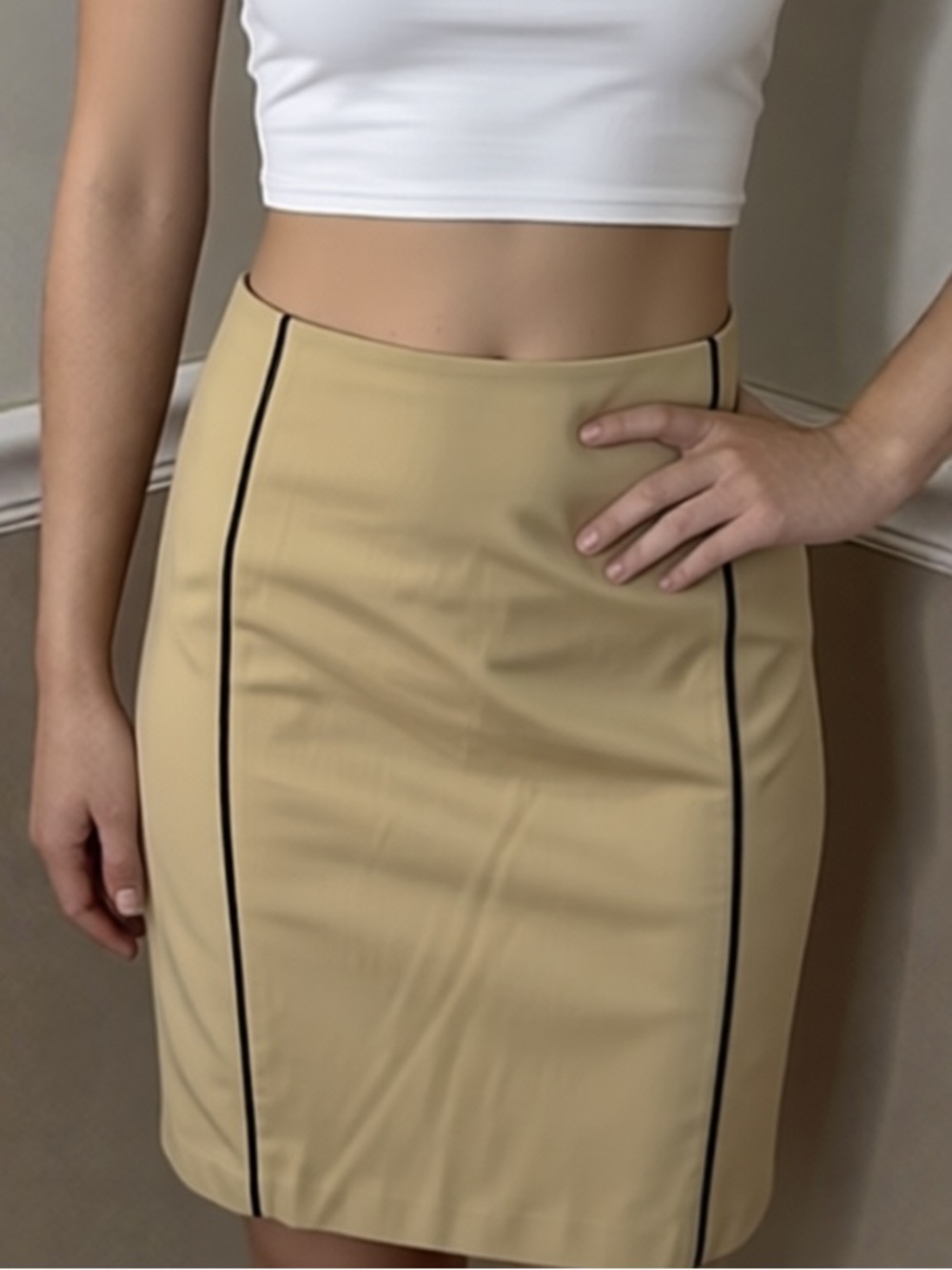 Randolph Duke Beige Pencil Skirt with Black Trim
